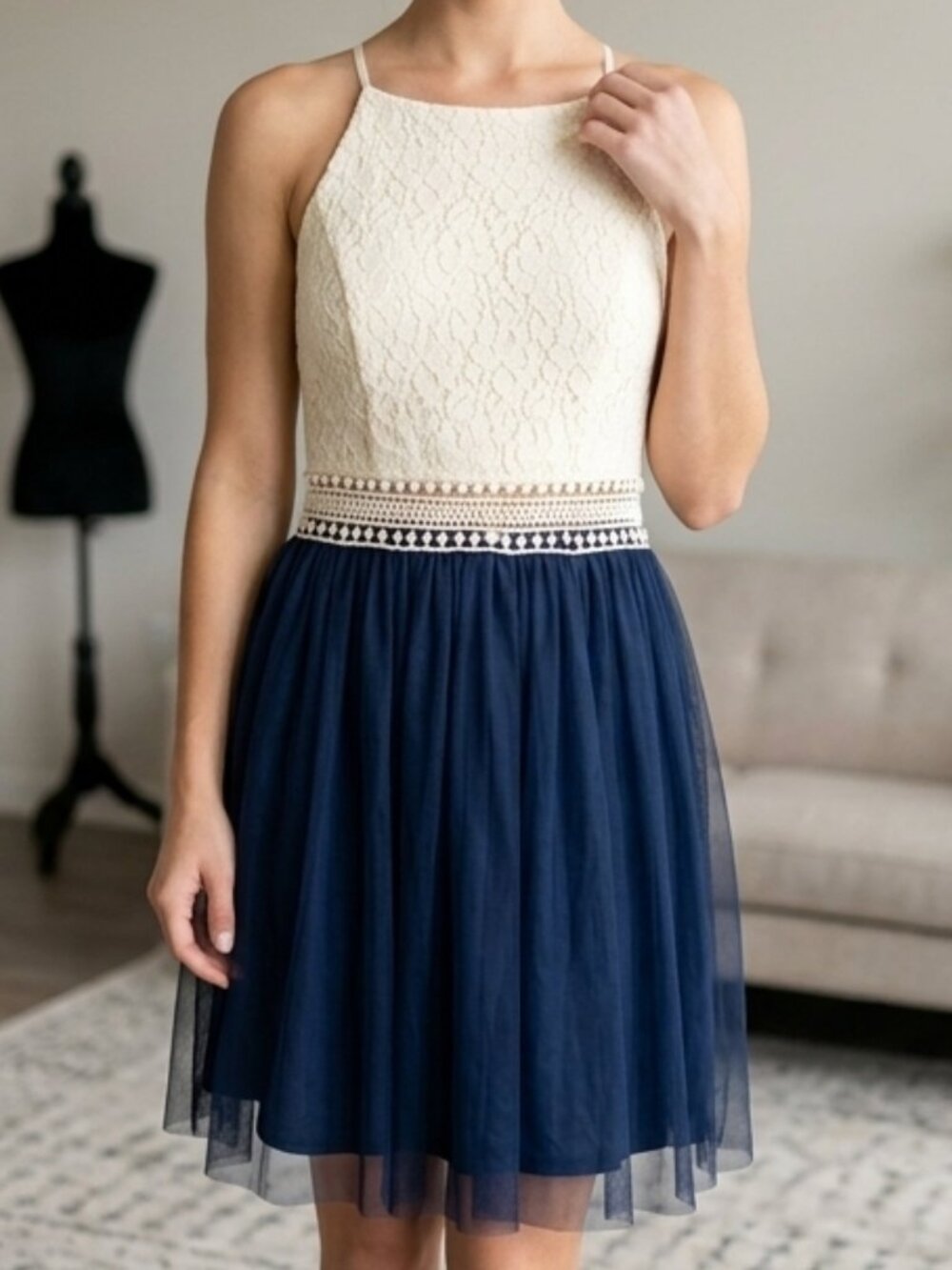 NWT Speechless Ivory Navy Lace Tulle Skater Dress Halter Size 13 Homecoming